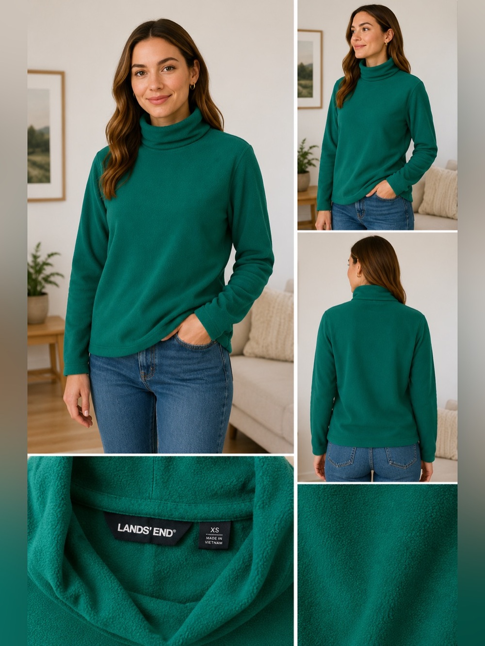 Lands’ End XS Fleece Turtleneck Pullover Green Long Sleeve Cozy Top